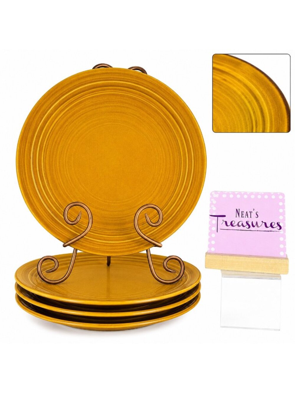 Noble Excellence HARPER Golden Rustic Yellow Rings Stoneware Dinner Plate Set 4